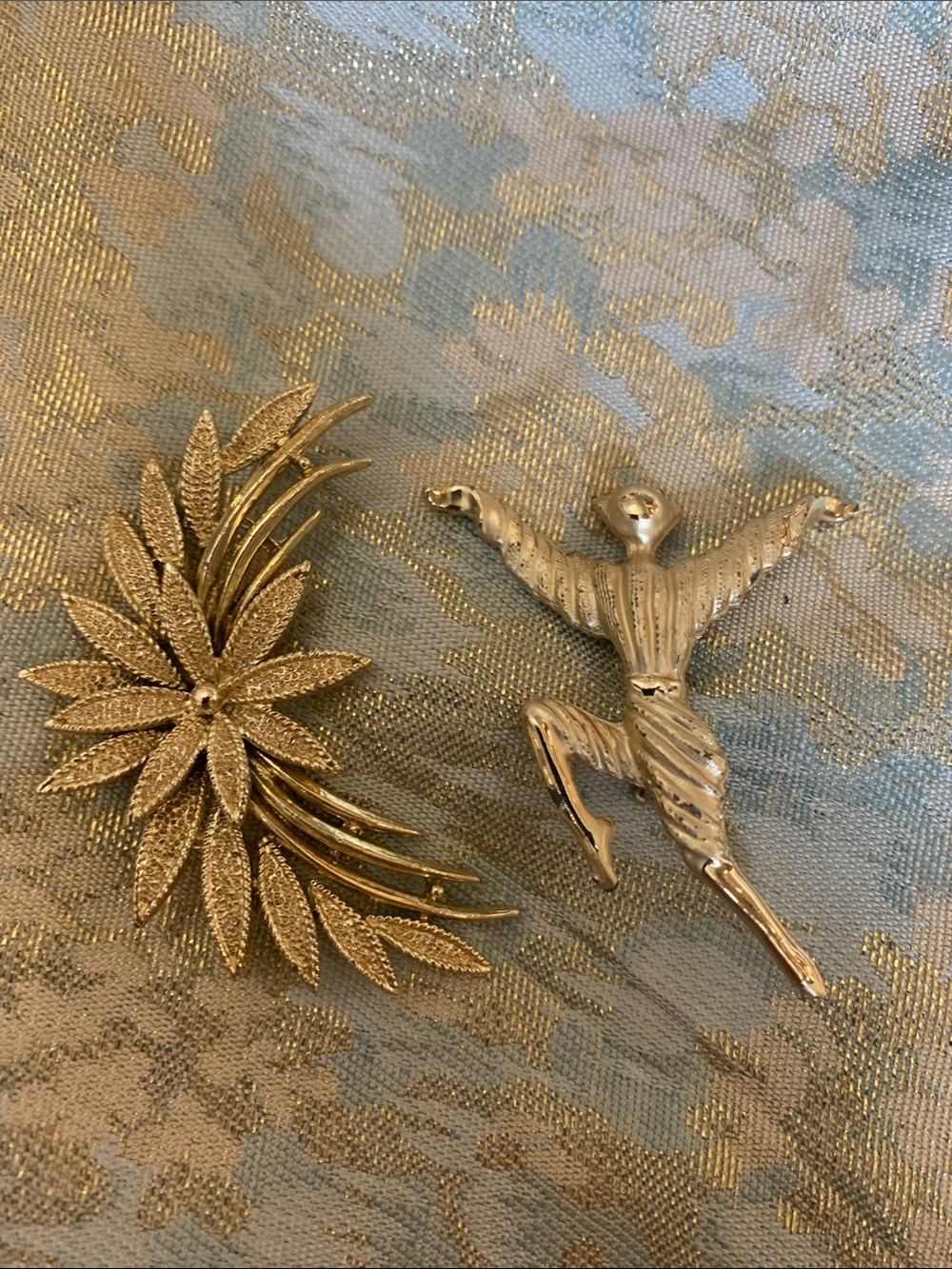 Gold-Tone Floral Spray and Dancer Brooch Duo